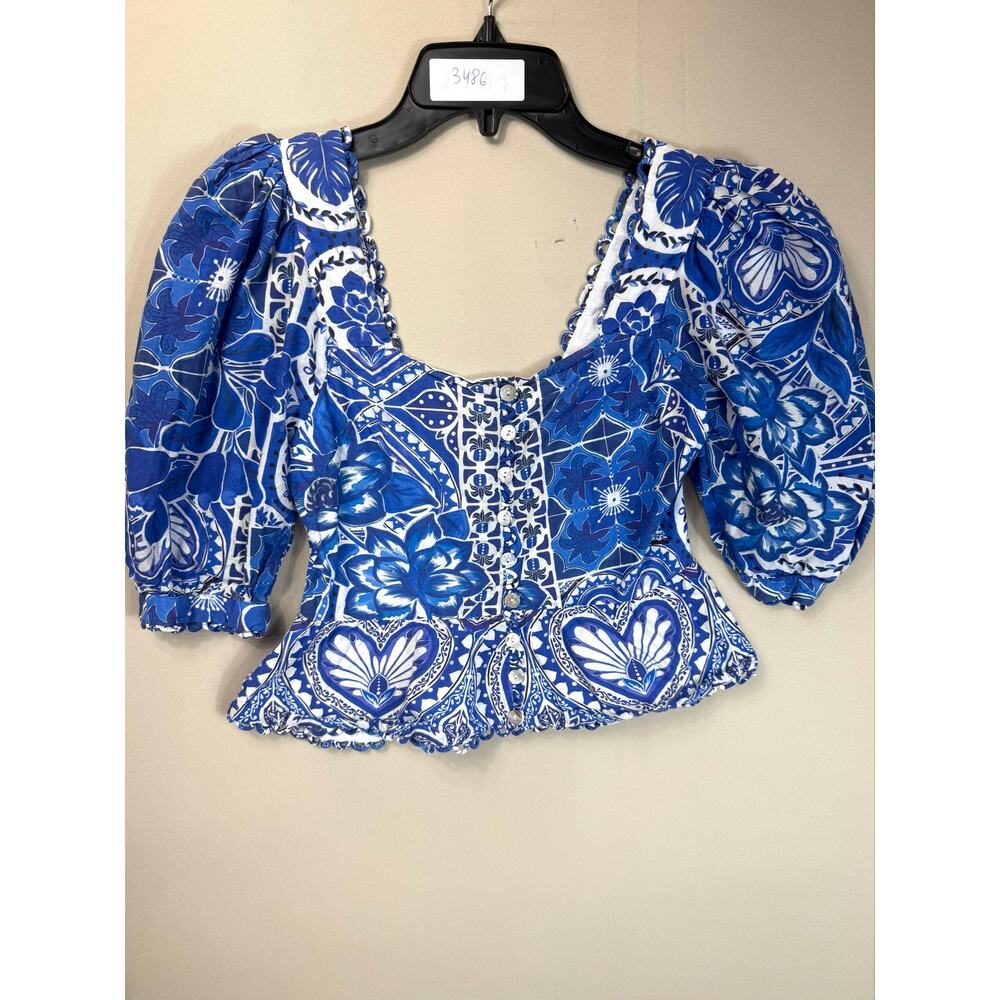 Farm Rio Tile Dream blue puff sleeves Blouse XS - Picture 2 of 6